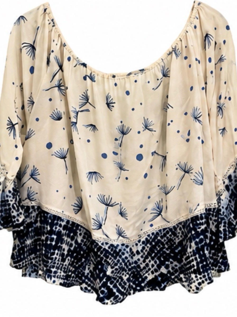 Poupette St. Barth Cream Blouse with Navy Floral & Printed Hem